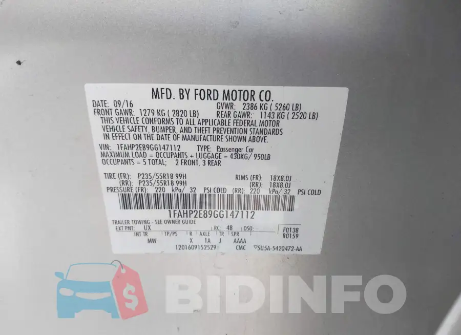 1FAHP2E89GG147112 Photo# 9
