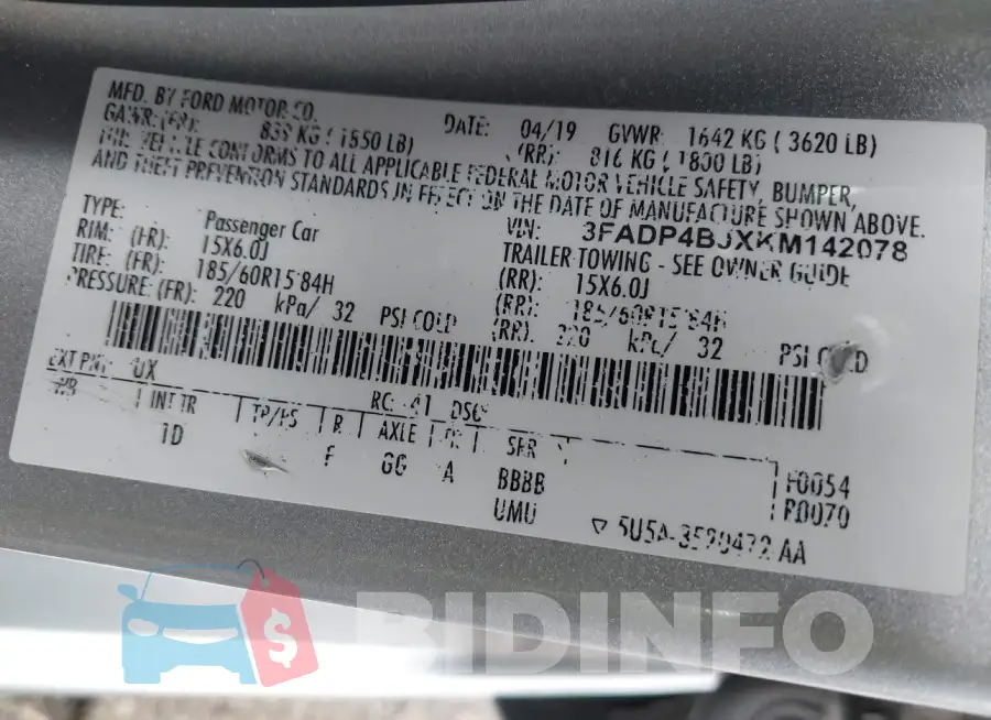 3FADP4BJXKM142078 Photo# 9