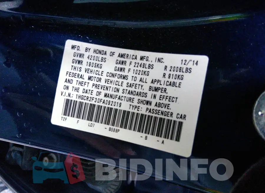 1HGCR2F30FA092019 Photo# 9