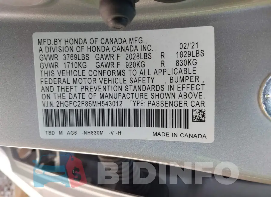 2HGFC2F86MH543012 Photo# 9