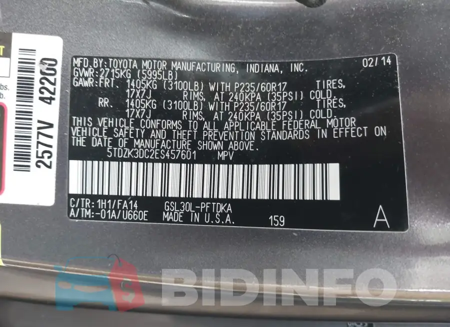 5TDZK3DC2ES457601 Photo# 9