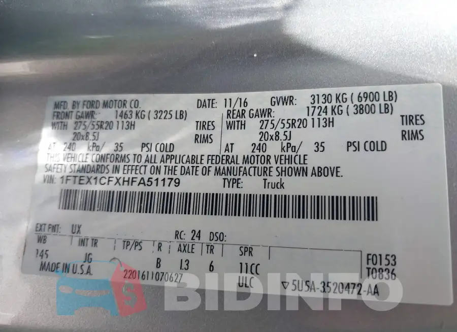 1FTEX1CFXHFA51179 Photo# 9