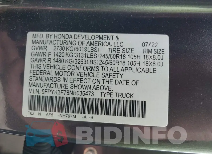 5FPYK3F78NB036473 Photo# 9