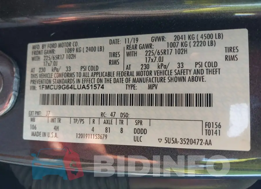 1FMCU9G64LUA51574 Photo# 9