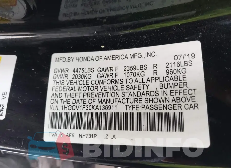 1HGCV1F30KA136911 Photo# 9
