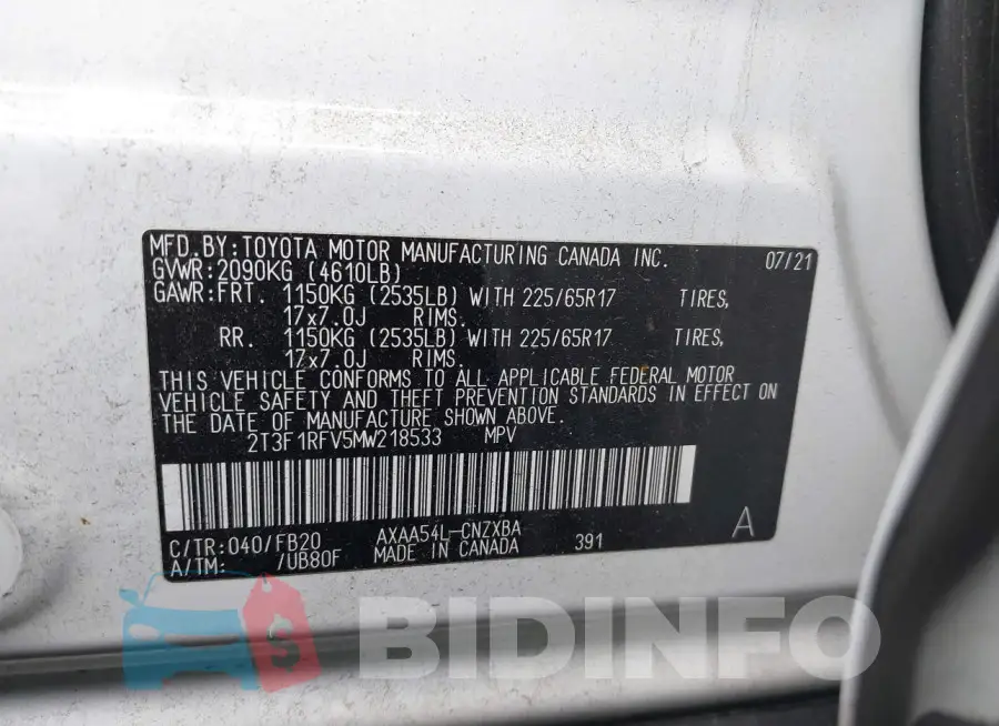 2T3F1RFV5MW218533 Photo# 9