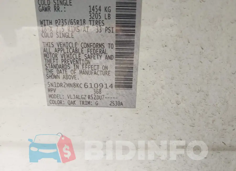 5N1DR2MN8KC610914 Photo# 9