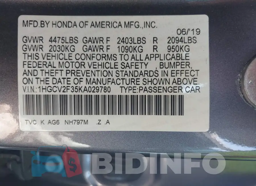 1HGCV2F35KA029780 Photo# 9