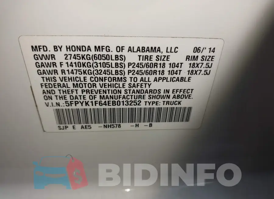 5FPYK1F64EB013252 Photo# 9