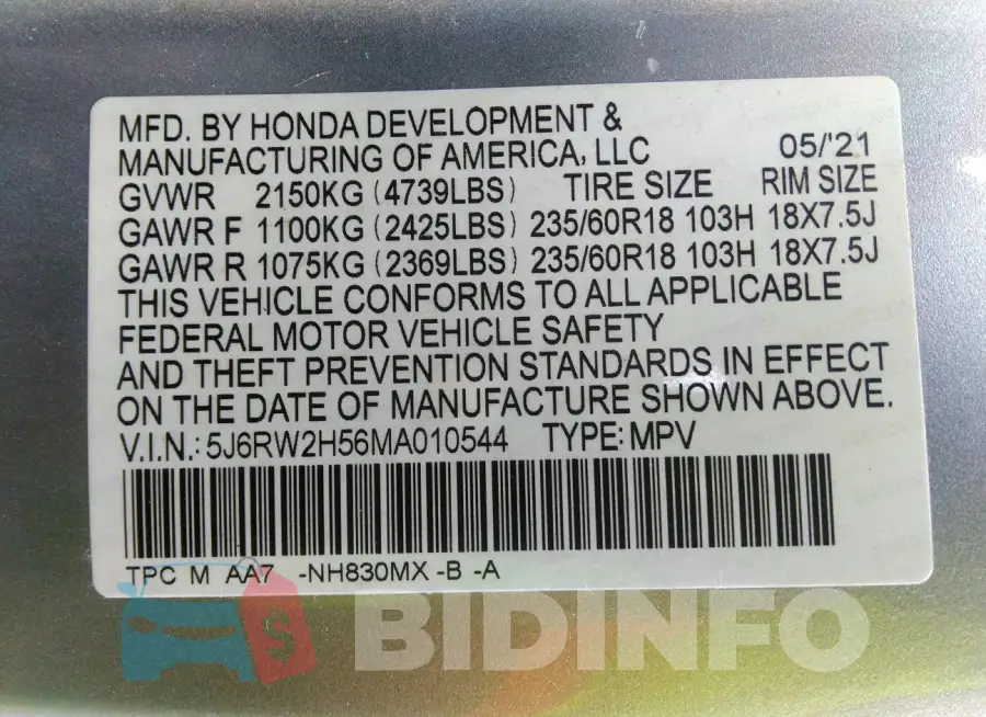 5J6RW2H56MA010544 Photo# 9