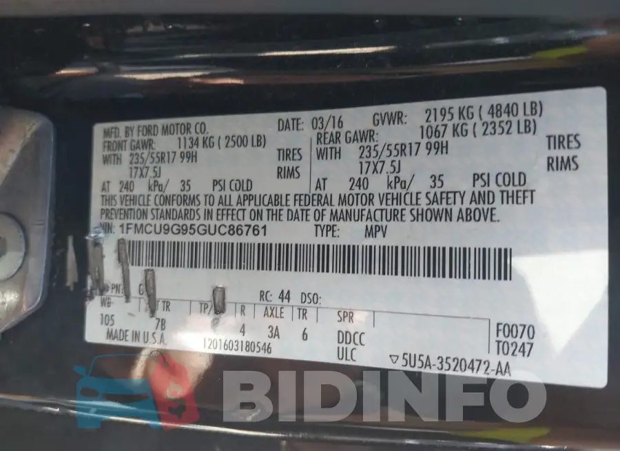 1FMCU9G95GUC86761 Photo# 9