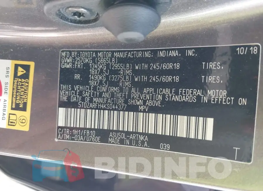5TDZARFH4KS044377 Photo# 9