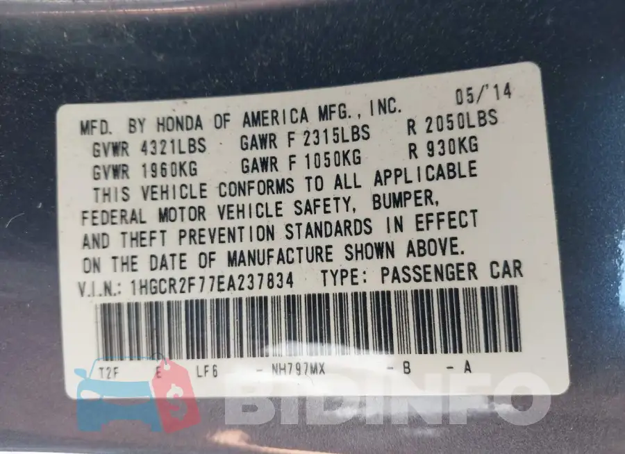 1HGCR2F77EA237834 Photo# 9