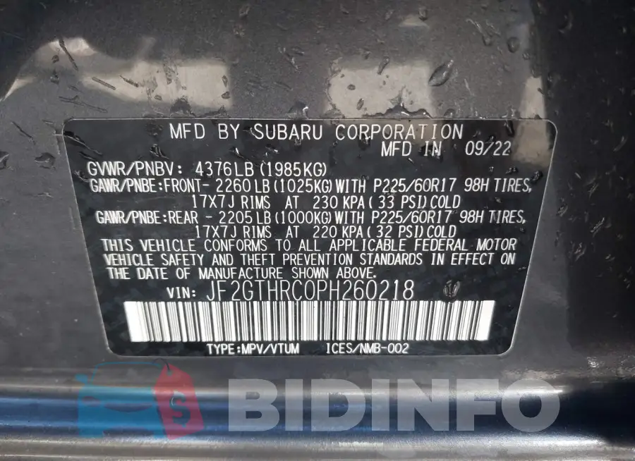 JF2GTHRC0PH260218 Photo# 9