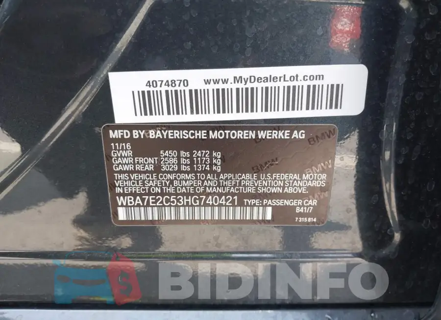 WBA7E2C53HG740421 Photo# 9