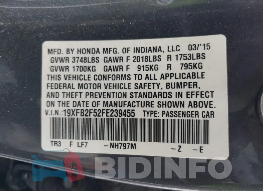 19XFB2F52FE239455 Photo# 9