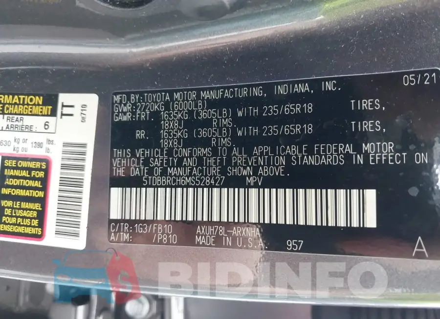 5TDBBRCH6MS528427 Photo# 9