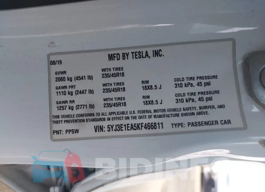 5YJ3E1EA5KF466811 Photo# 9