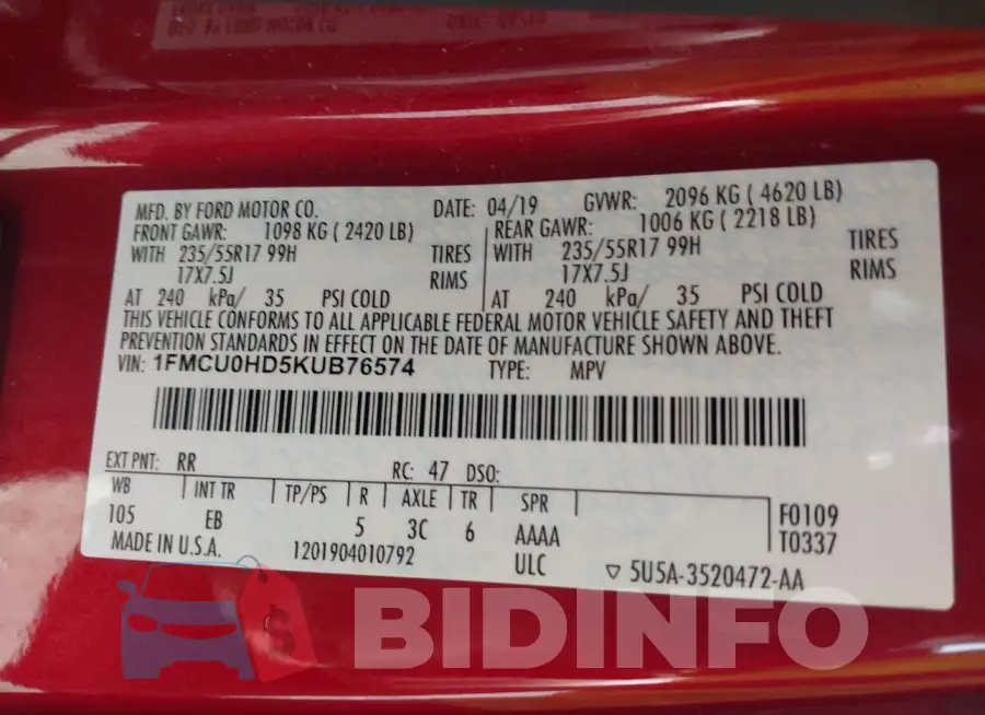 1FMCU0HD5KUB76574 Photo# 9