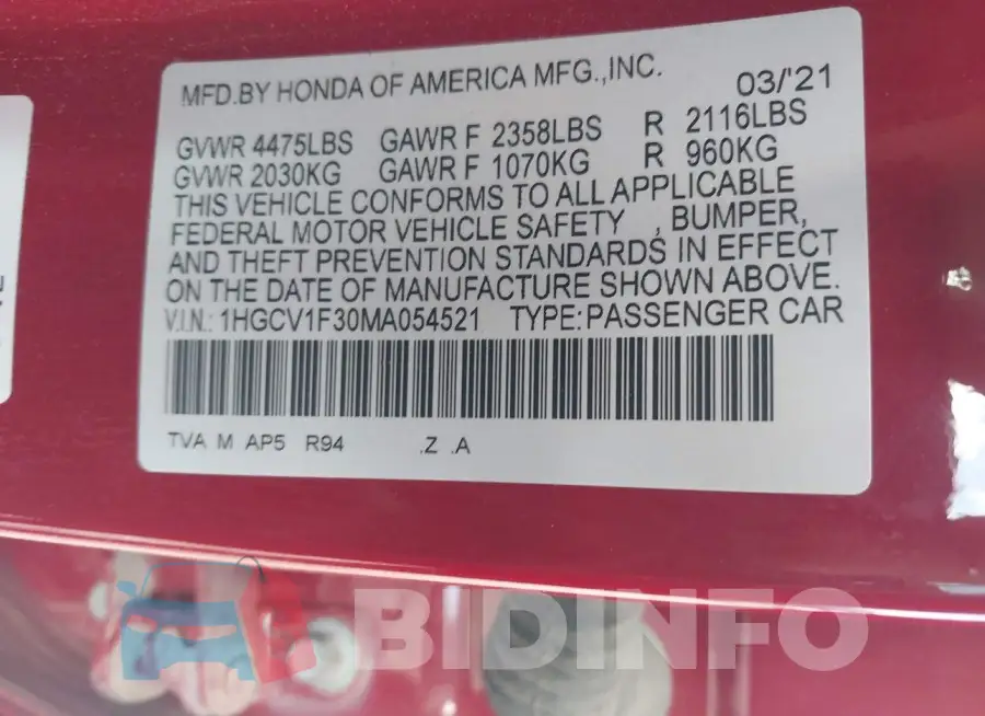 1HGCV1F30MA054521 Photo# 9
