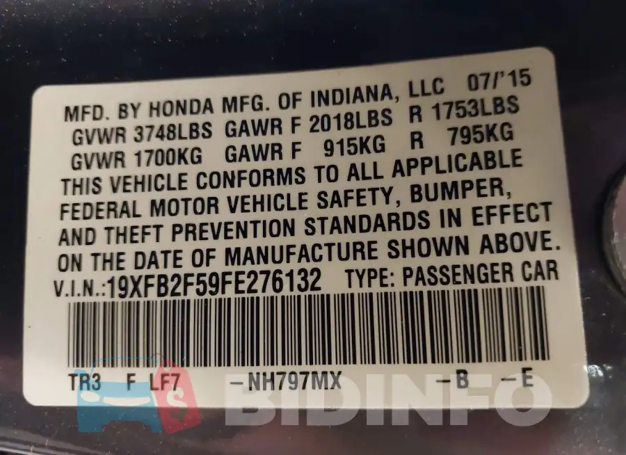 19XFB2F59FE276132 Photo# 9