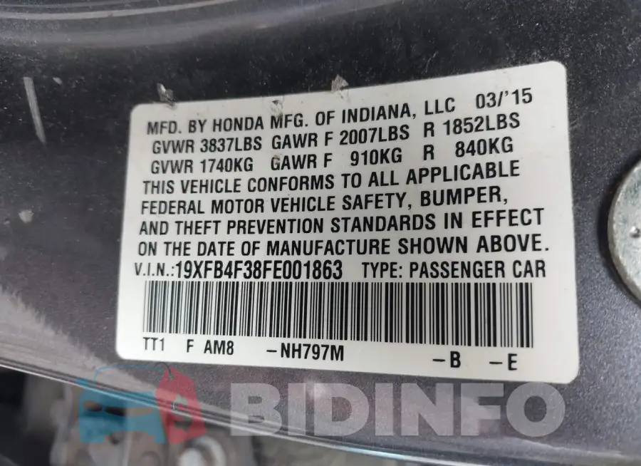 19XFB4F38FE001863 Photo# 9