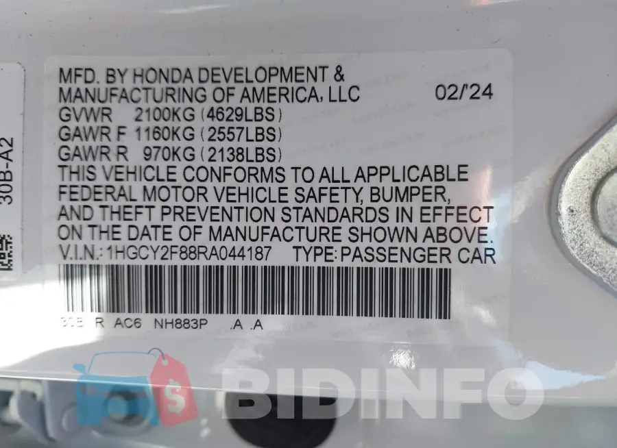 1HGCY2F88RA044187 Photo# 9