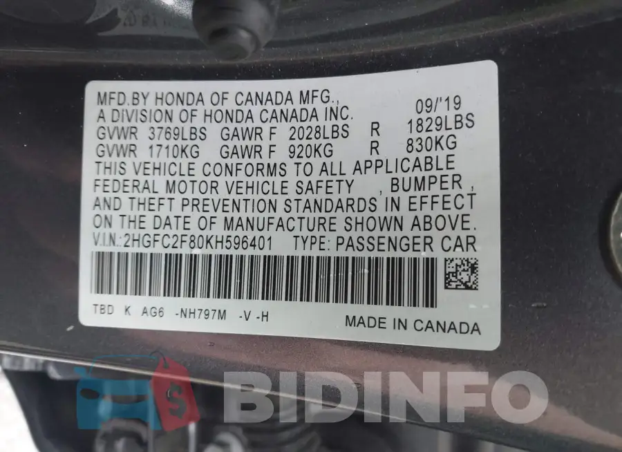 2HGFC2F80KH596401 Photo# 9