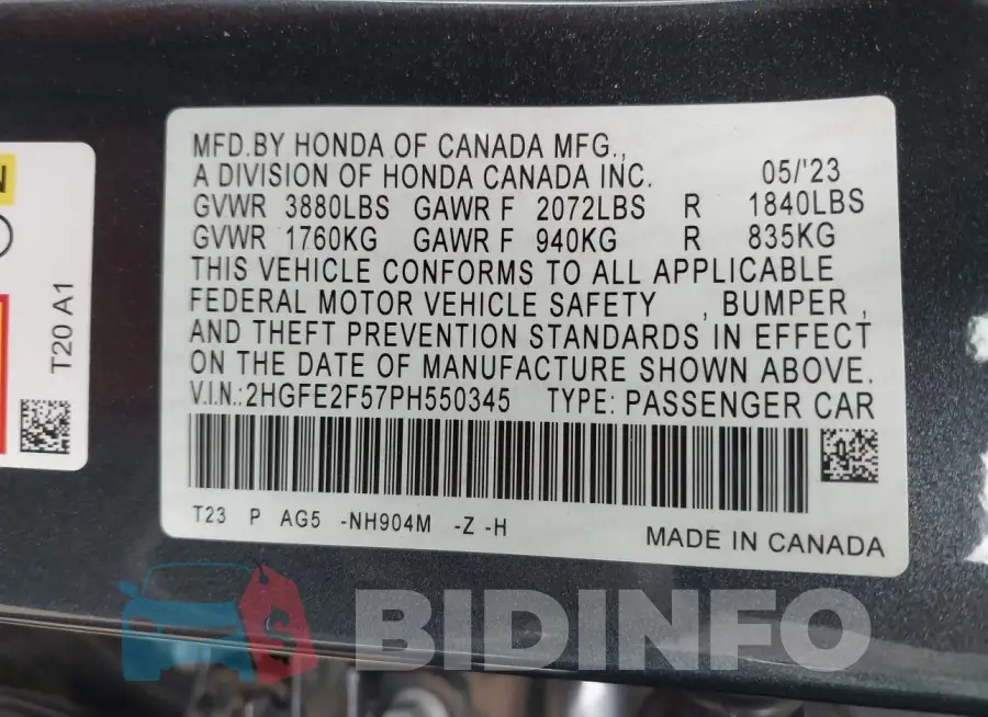 2HGFE2F57PH550345 Photo# 9