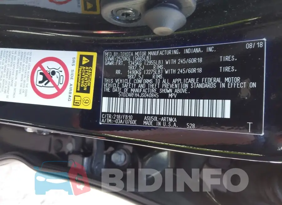 5TDZARFH4JS040845 Photo# 9