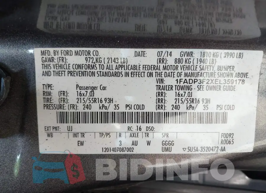 1FADP3F2XEL359178 Photo# 9