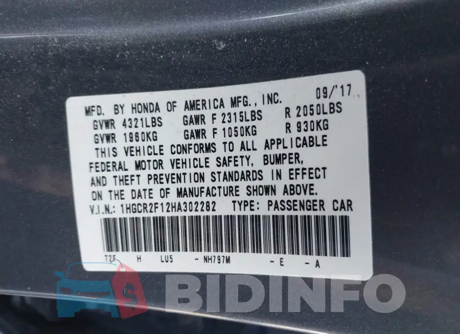 1HGCR2F12HA302282 Photo# 9
