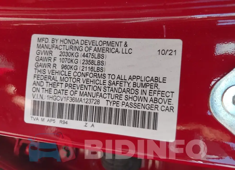 1HGCV1F36MA123728 Photo# 9