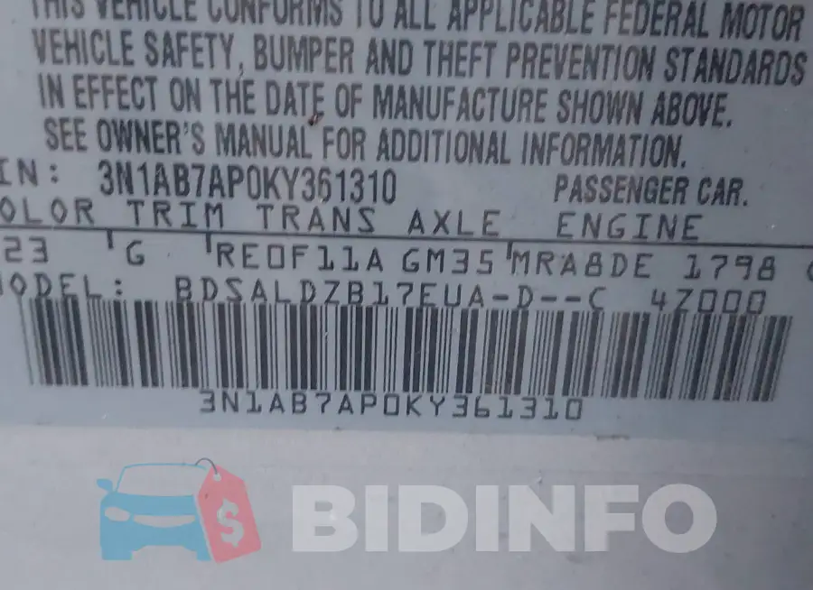 3N1AB7AP0KY361310 Photo# 9
