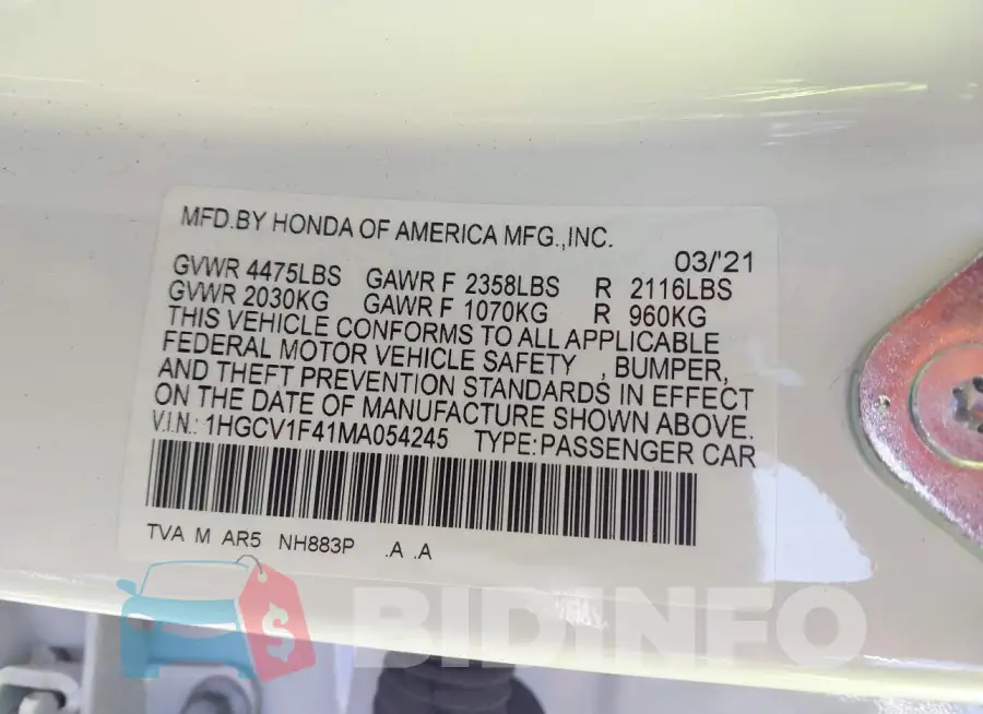 1HGCV1F41MA054245 Photo# 9