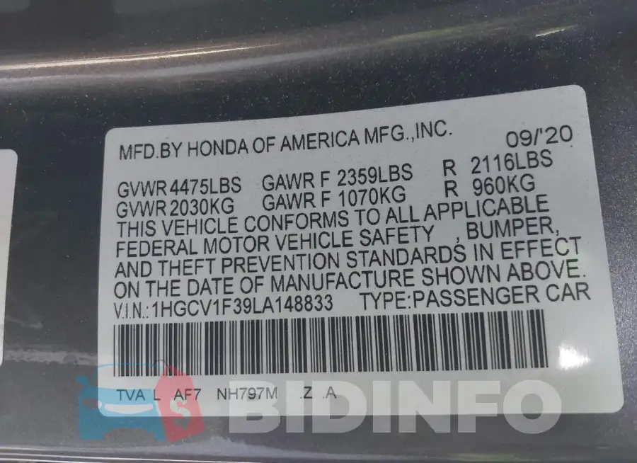 1HGCV1F39LA148833 Photo# 9