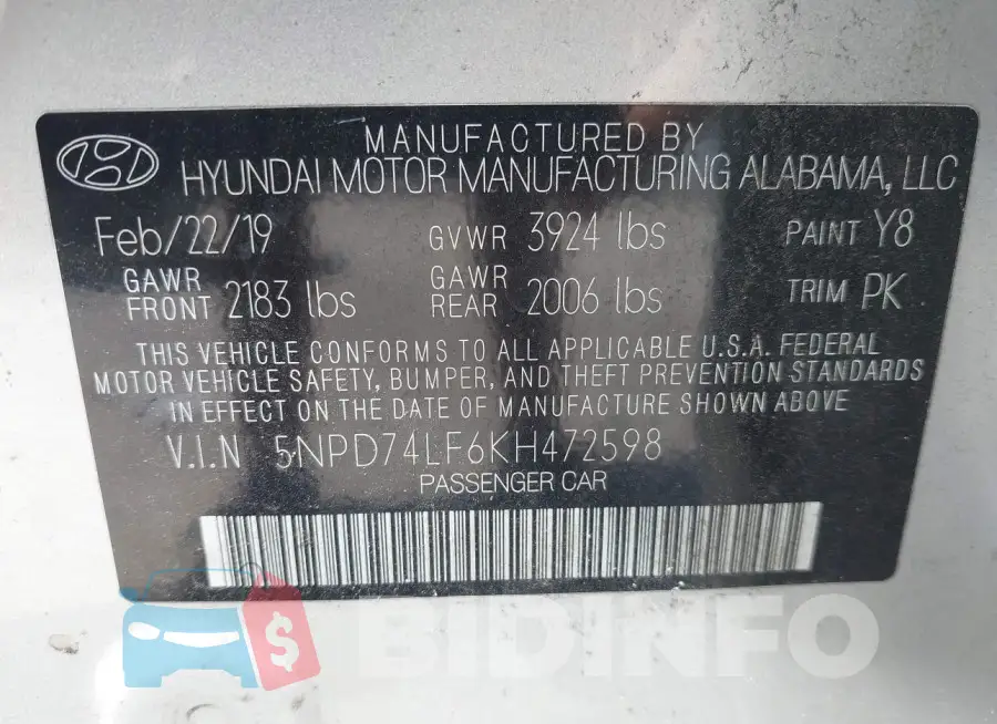5NPD74LF6KH472598 Photo# 9