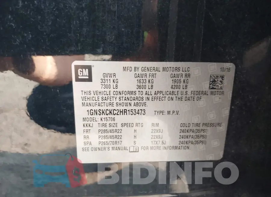1GNSKCKC2HR153473 Photo# 9