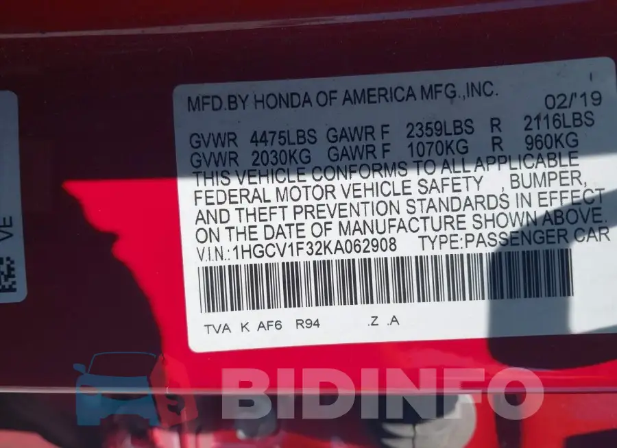 1HGCV1F32KA062908 Photo# 9