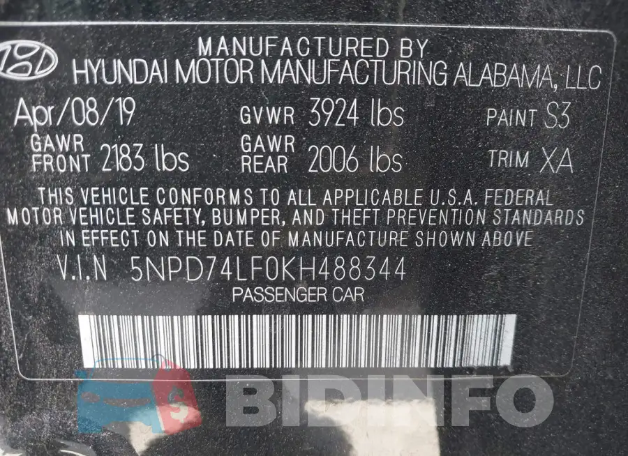 5NPD74LF0KH488344 Photo# 9