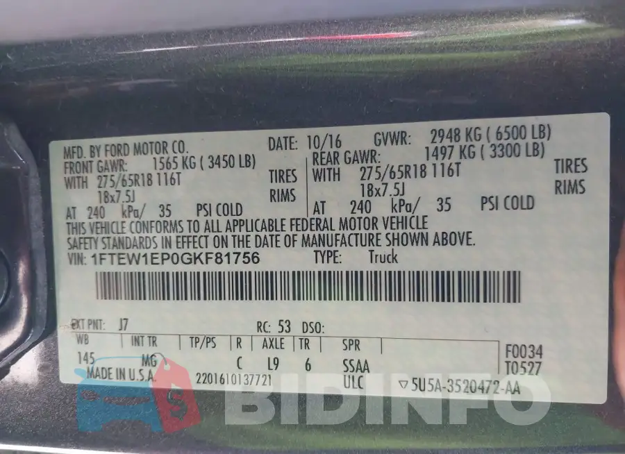 1FTEW1EP0GKF81756 Photo# 9