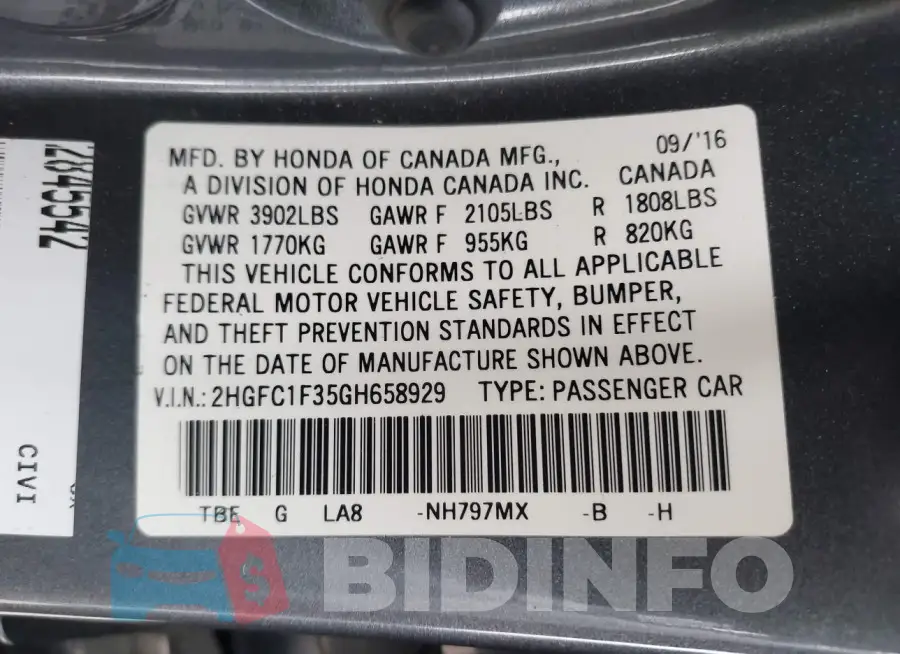 2HGFC1F35GH658929 Photo# 9