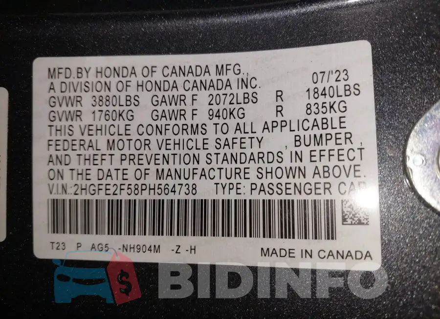 2HGFE2F58PH564738 Photo# 9