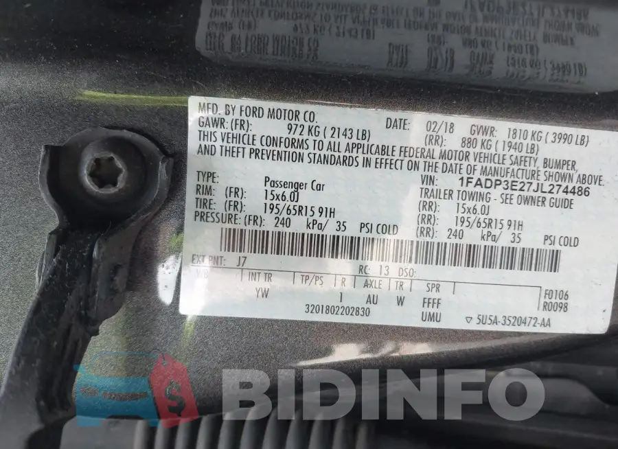 1FADP3E27JL274486 Photo# 9