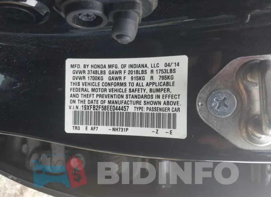 19XFB2F58EE044457 Photo# 9