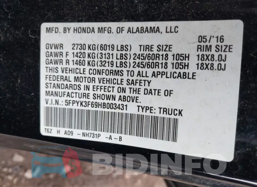 5FPYK3F69HB003431 Photo# 9