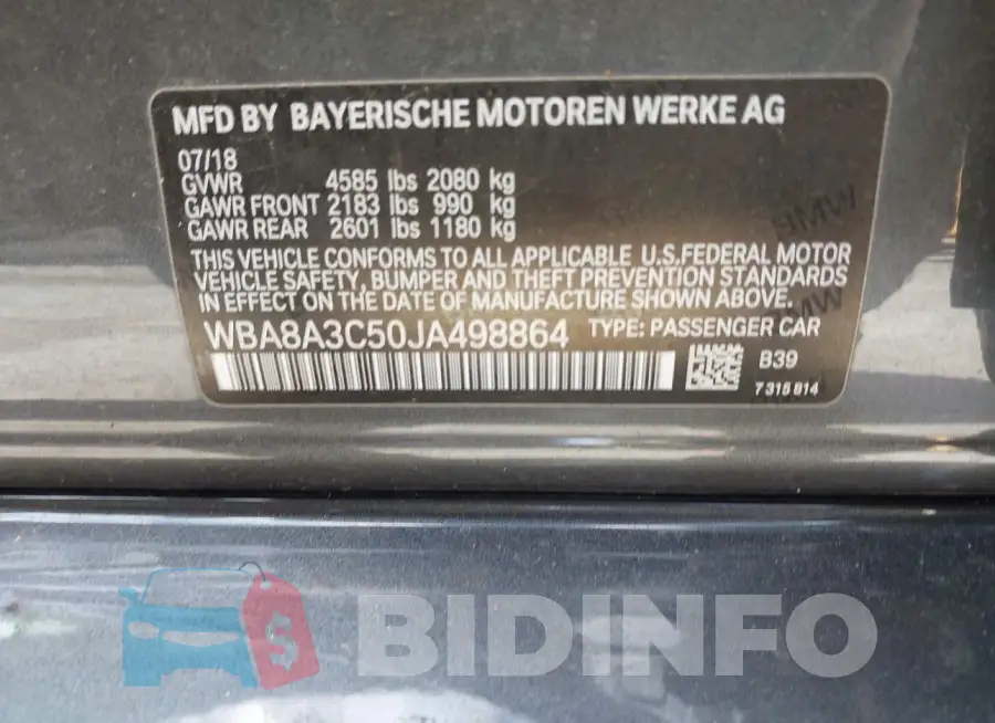 WBA8A3C50JA498864 Photo# 9