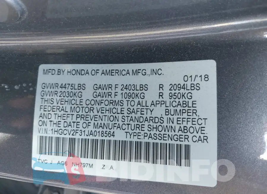 1HGCV2F31JA018564 Photo# 9