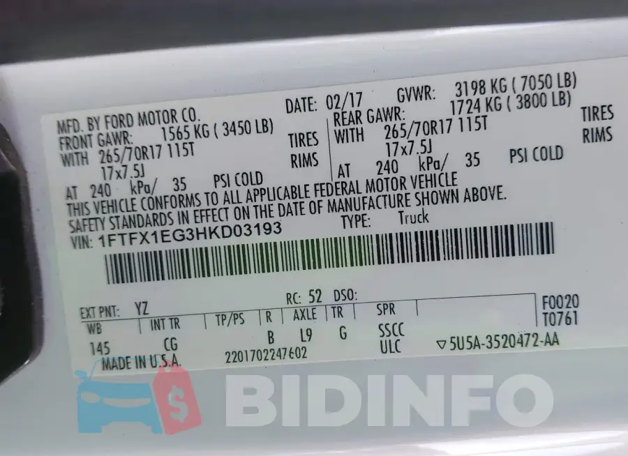 1FTFX1EG3HKD03193 Photo# 9