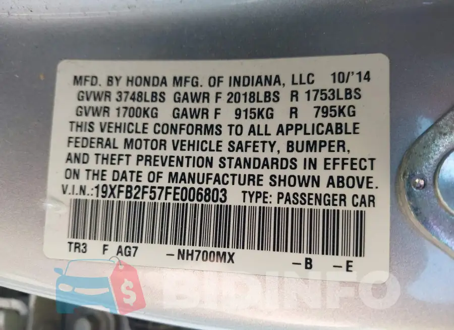19XFB2F57FE006803 Photo# 9